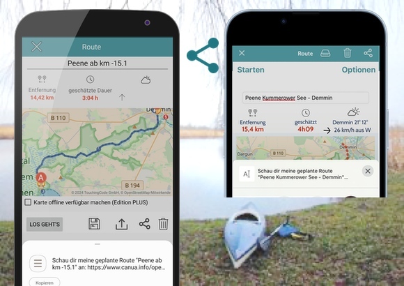 Route teilen, die Teilen-Symbole in der iOS und der Android-Fassung